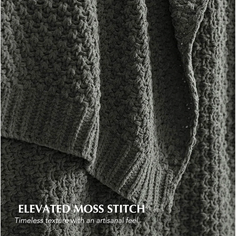 Evergrace Chenille Moss Stitch Throw Blanket Charcoal Grey 50x60 Chunky Knit NEW
